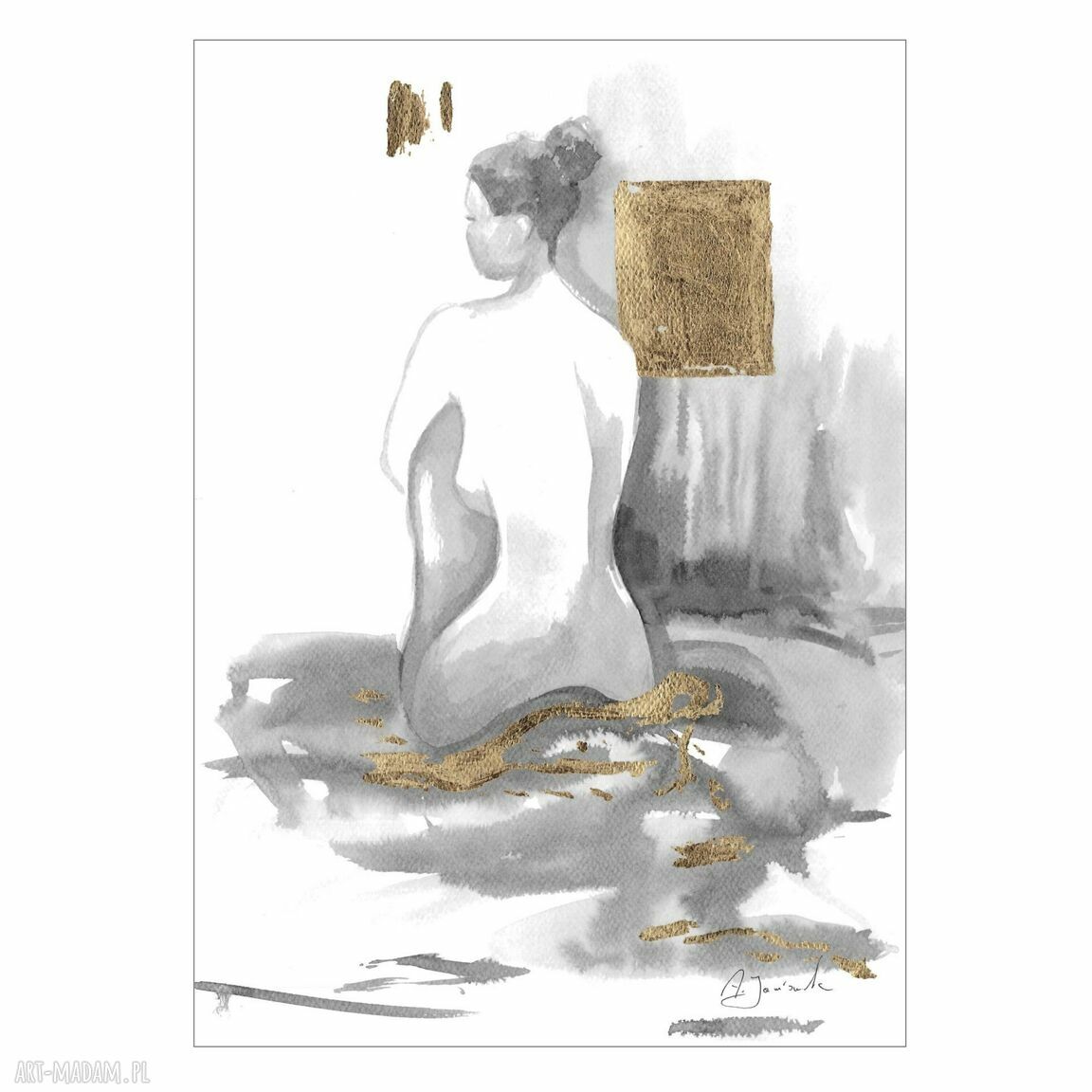 "Ona" - ręcznie malowana i złocona grafika 30x42 cm