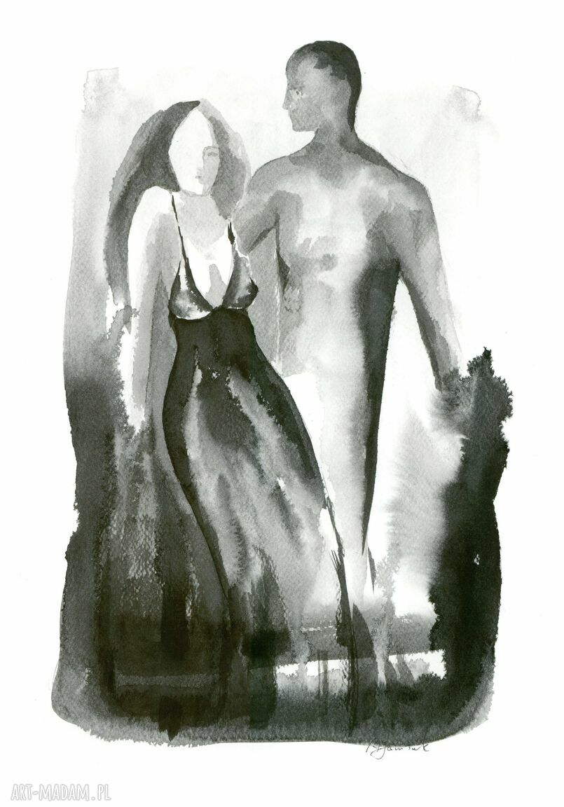 Ona i On - ręcznie wykonany rysunek tuszem 30 x 42 cm, oryginał