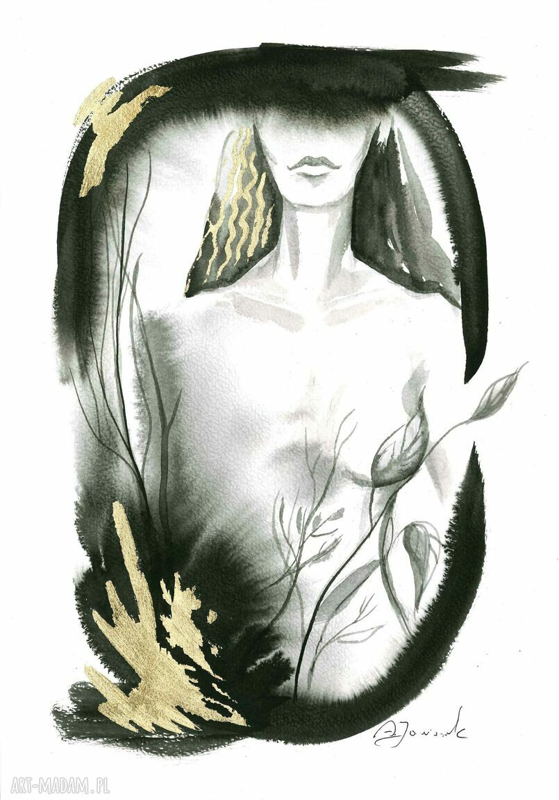 "Ona" - autorska grafika ręcznie malowana i złocona (21x30 cm)