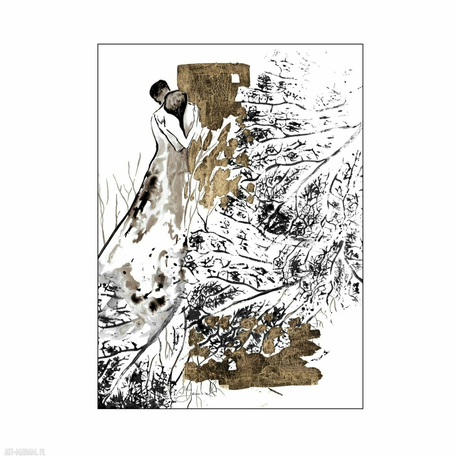 Grafika 'Ona i On' malowana i złocona ręcznie - 30 x 40 cm