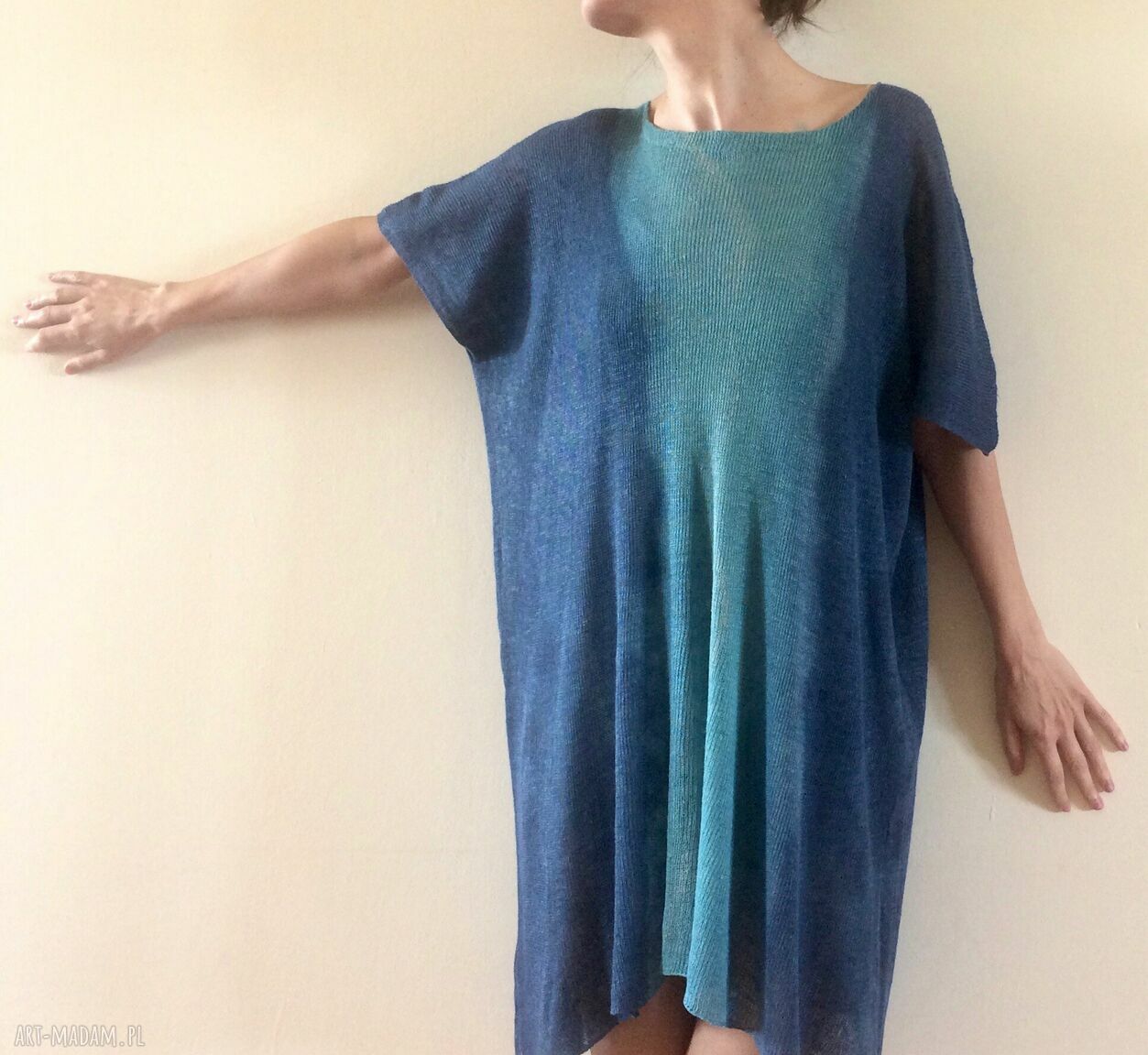 Luźna lniana tunika turkus i niebieski - one size oversize