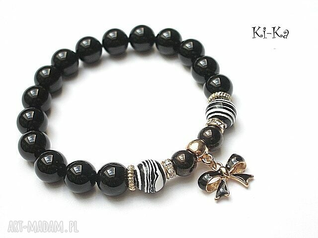 Black bow onyks turkus szkło metal kokardka bransoletka wykonana