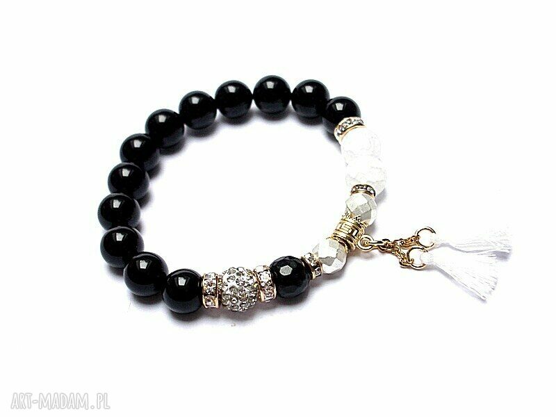 Troki Black and White vol. 4 bransoletka handmade z onyksu, kwarcu lodowego i chwostami