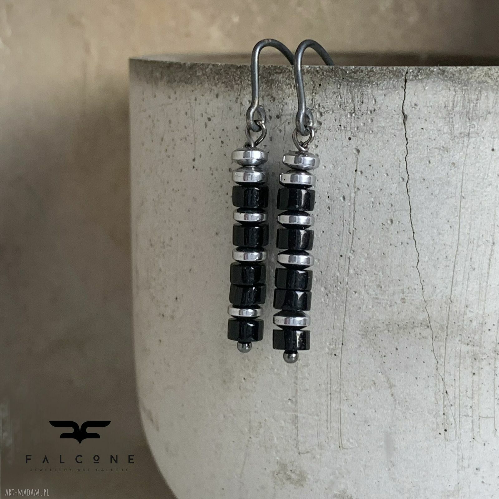 Kolczyki Onyx Column - onyks i hematyty na biglach ze srebra 925