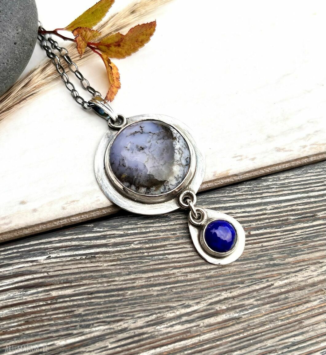 Lapis lazuli i opal dendrytowy las - srebrny wisior 925
