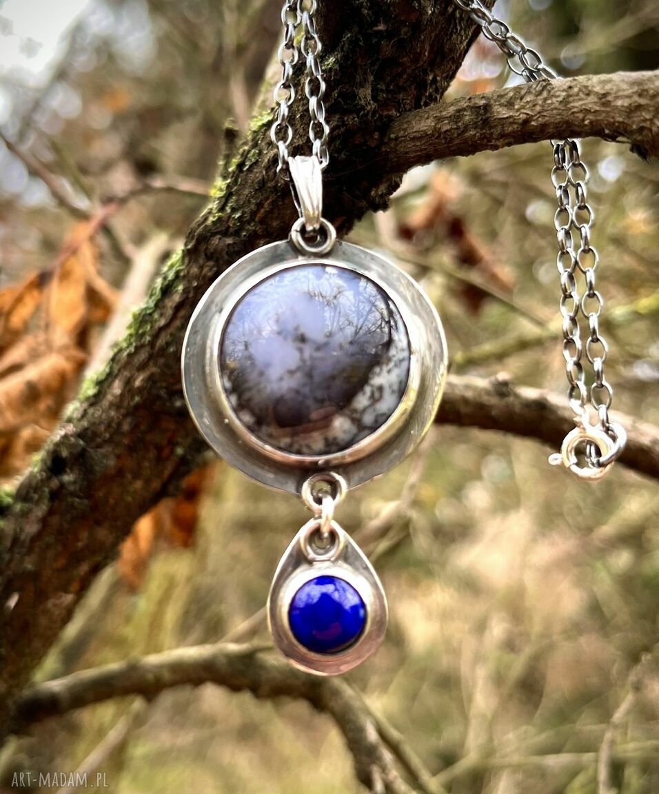 Lapis lazuli i opal dendrytowy las - srebrny wisior 925