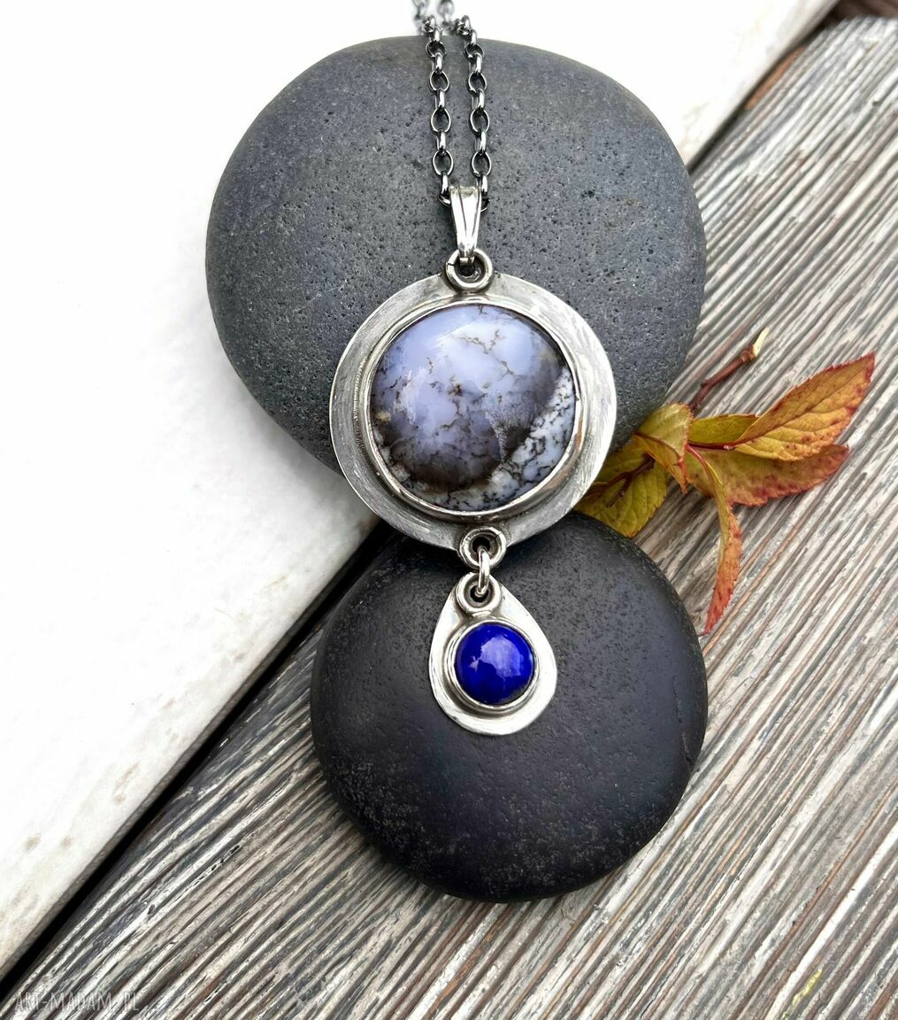 Lapis lazuli i opal dendrytowy las - srebrny wisior 925
