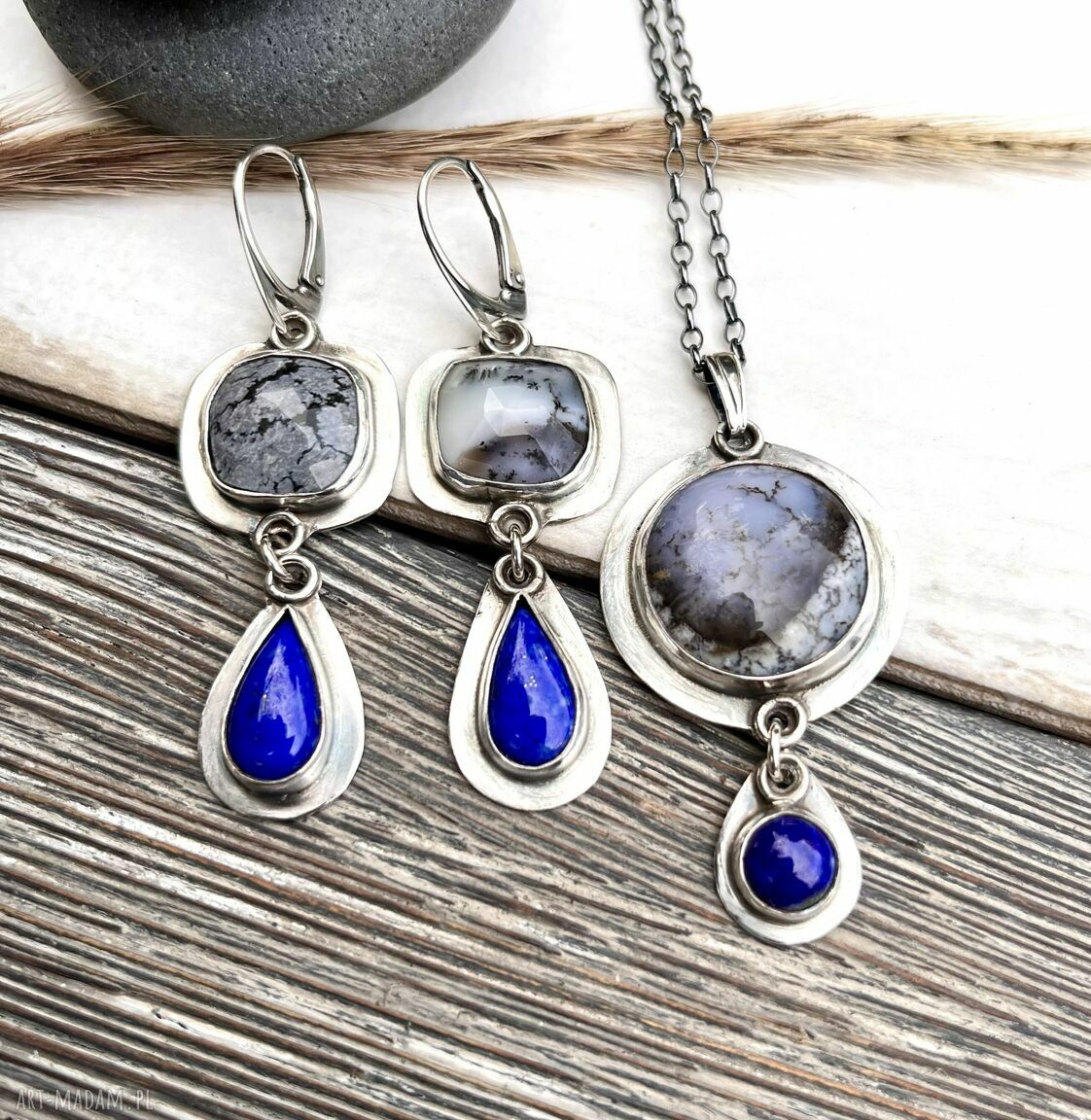 Lapis lazuli i opal dendrytowy las - srebrny wisior 925