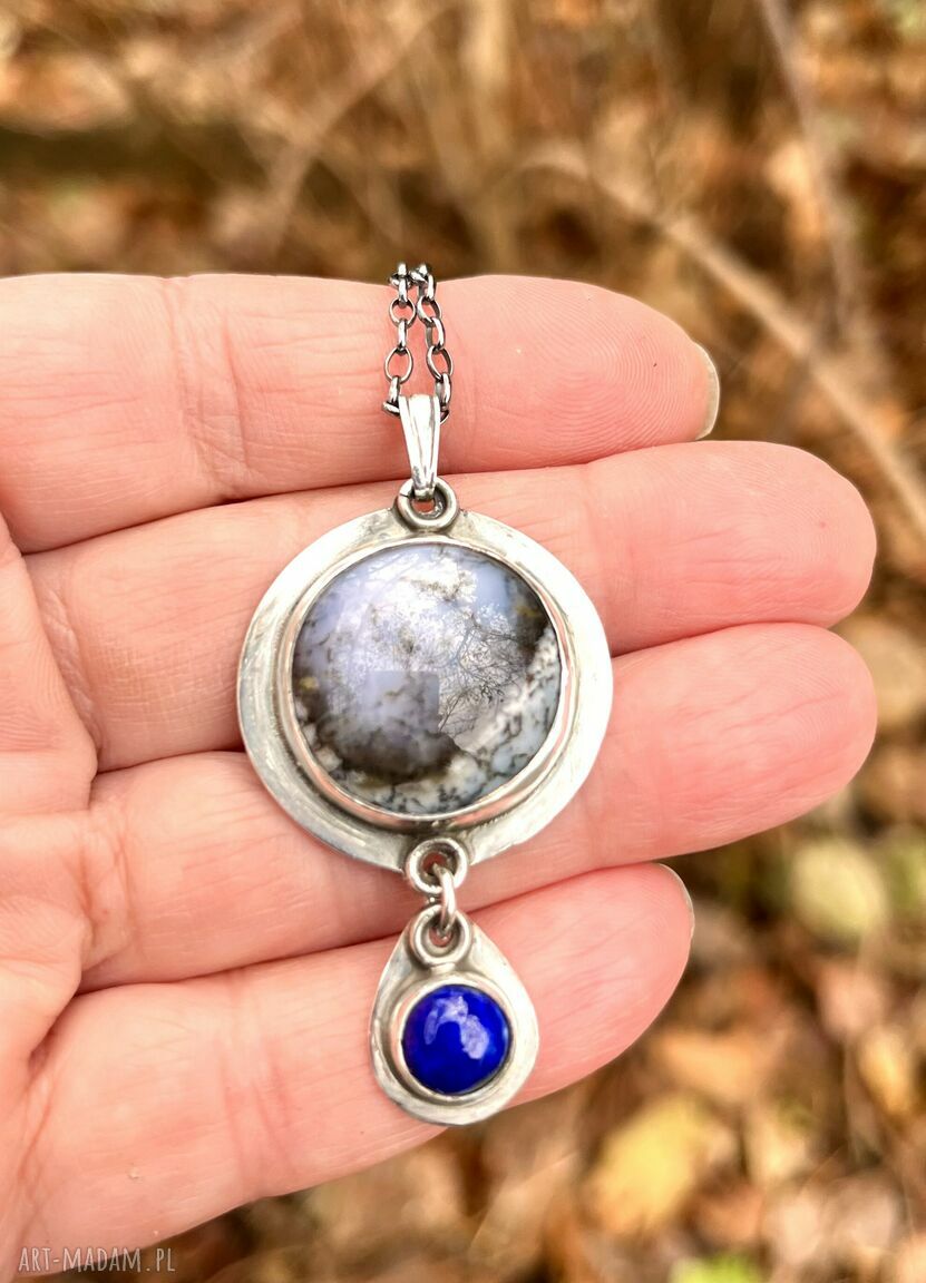 Lapis lazuli i opal dendrytowy las - srebrny wisior 925