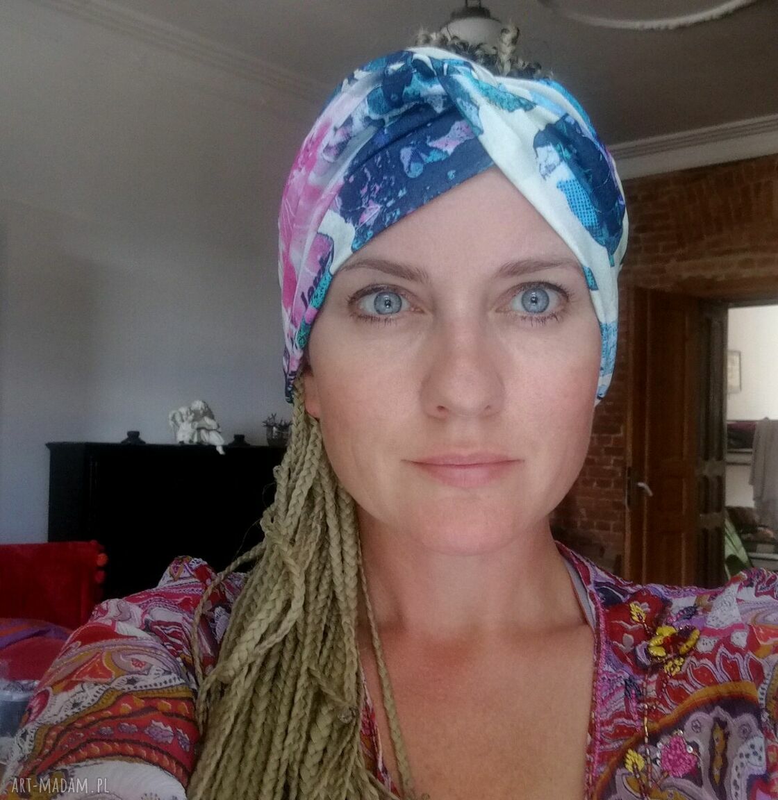 Szeroka opaska turbanowa boho - etno folk z miękkiej dzianiny (15 cm, rozmiar uniwersalny)