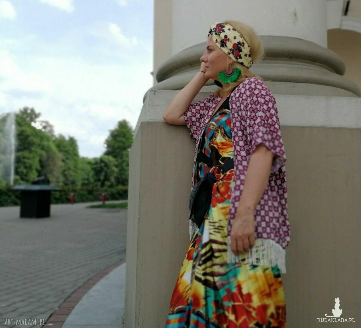 Opaska turbanowa folkowa w kwiaty - rozmiar 60-61 cm z gumką