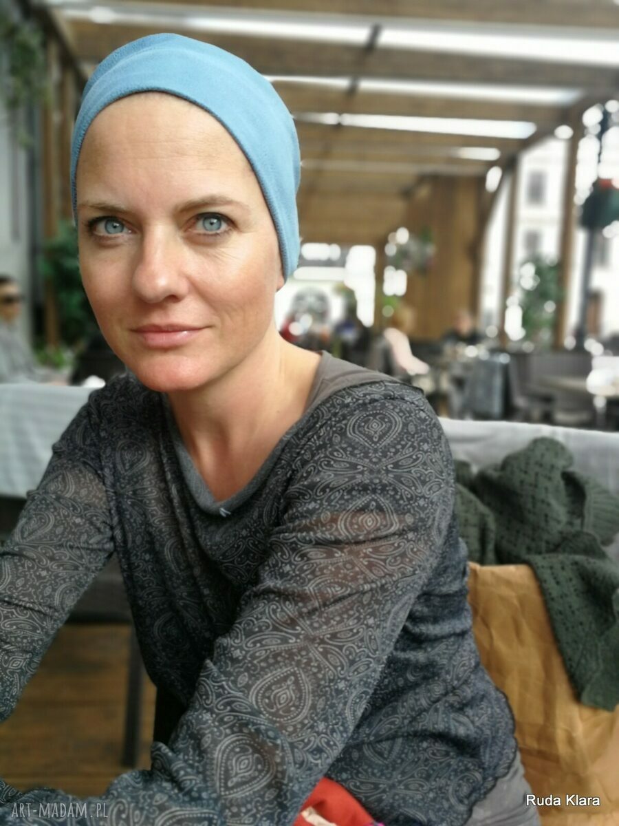 Niebieska opaska damska na podszewce eco skóry w stylu etno-folk