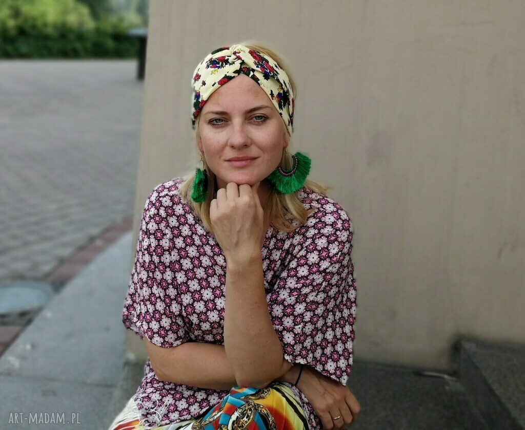 Opaska turbanowa damska folkowa w kwiaty - bawełniana z gumką
