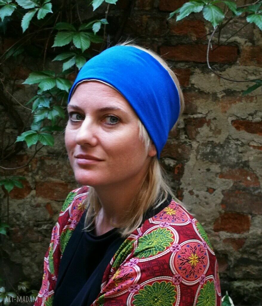 Niebiesko-szara opaska damska z dzianiny swetrowej - ręcznie robiona