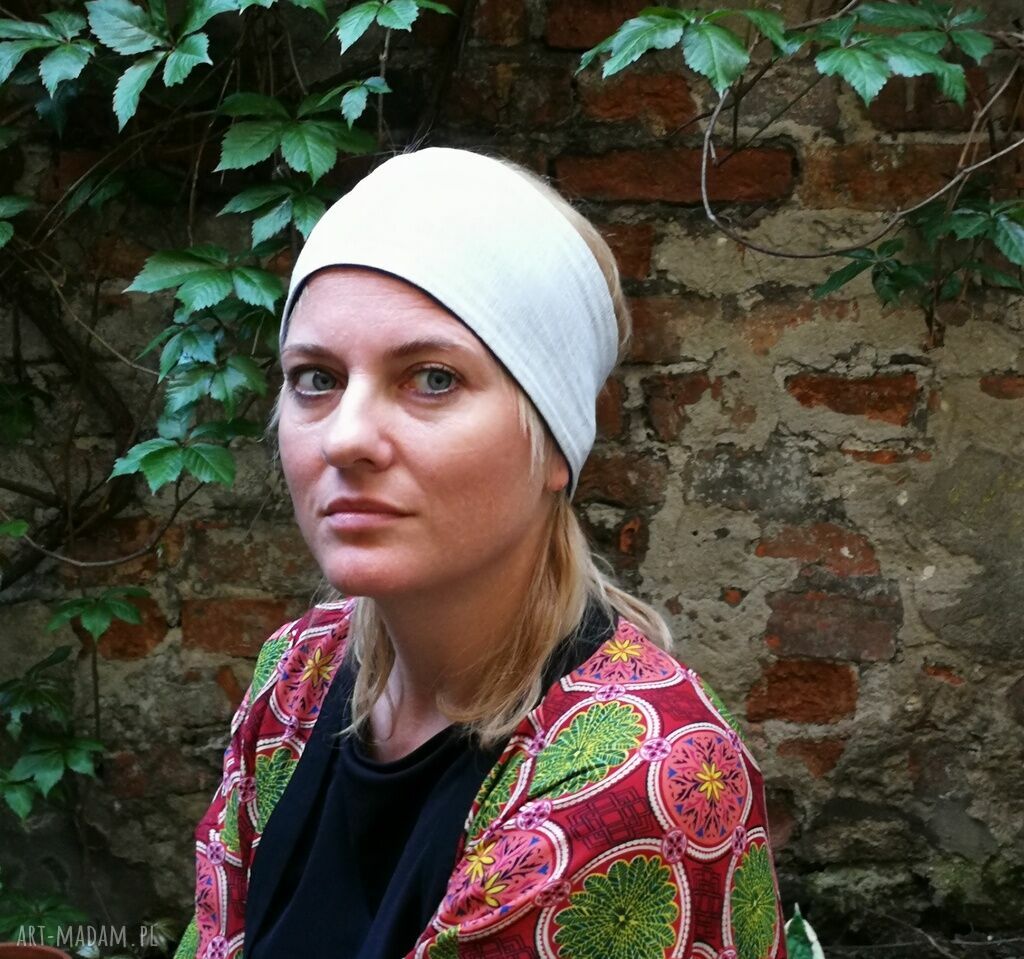 Niebiesko-szara opaska damska z dzianiny swetrowej - ręcznie robiona