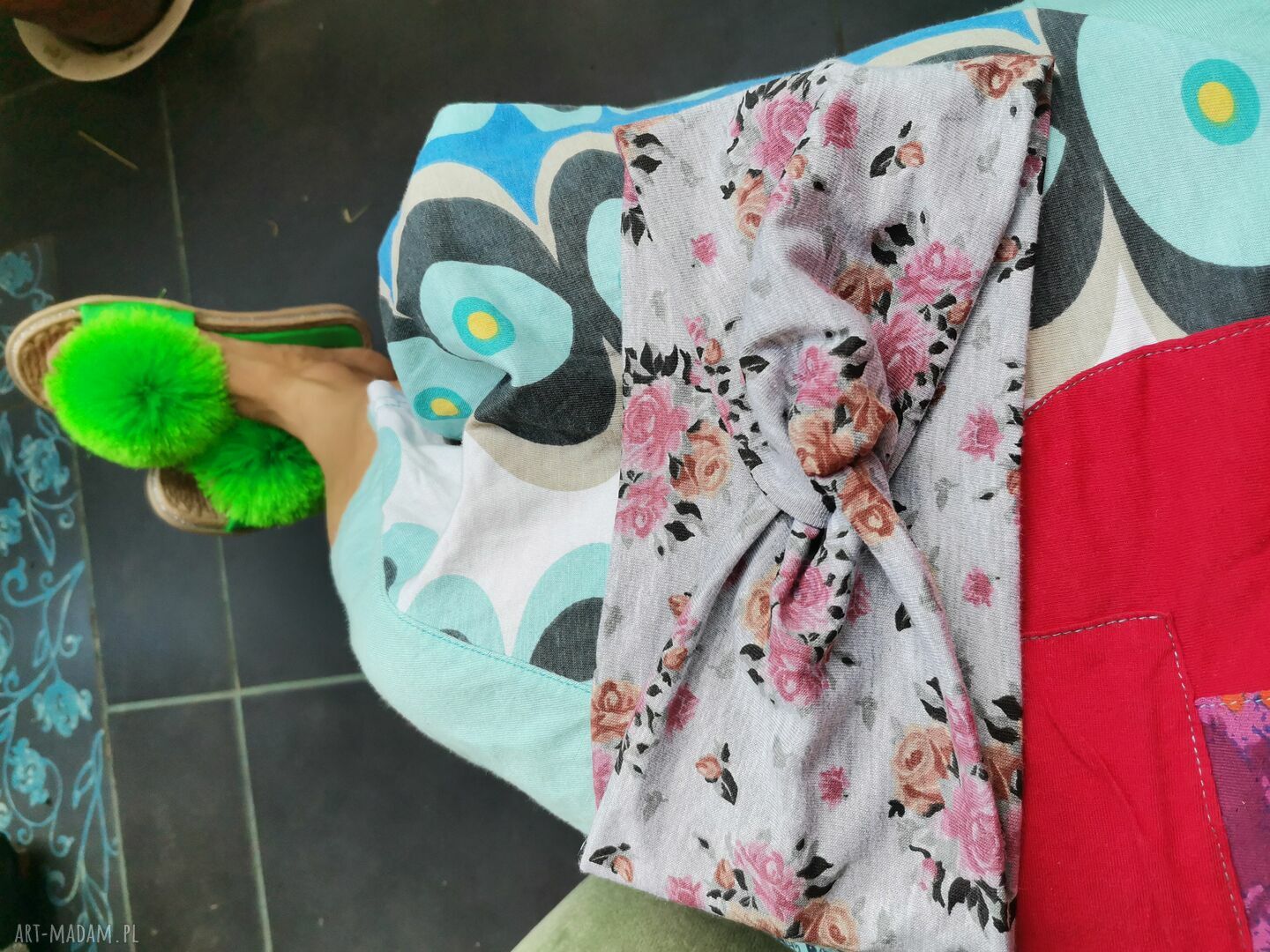 Opaska dziecięca turbanowa Boho Kwiaty - ręcznie robiona z dzianiny