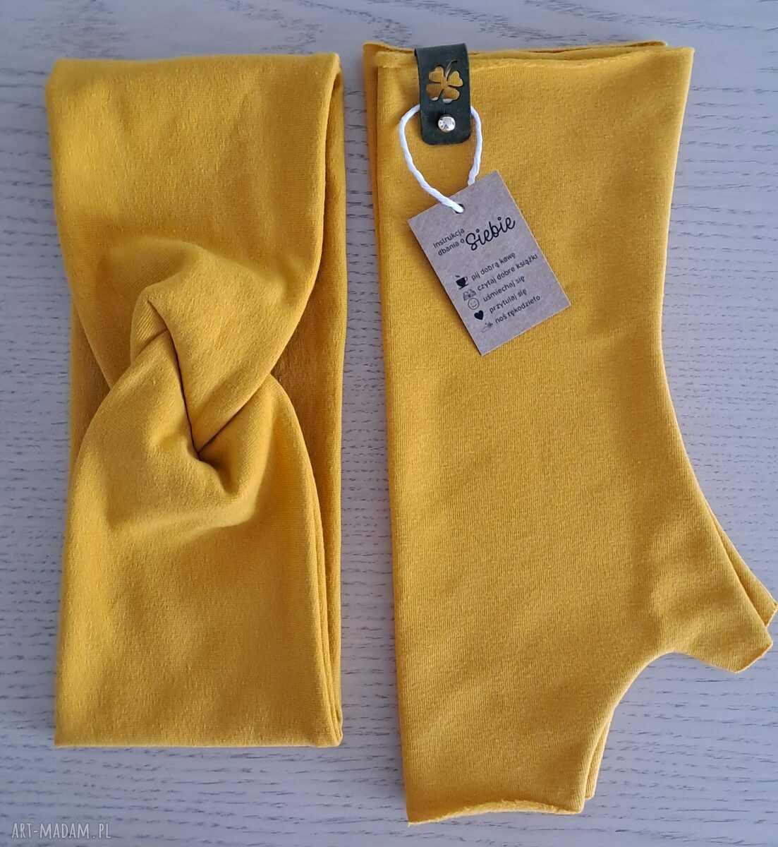 Opaska i mitenki handmade - musztardowy komplet na jesień i zimę