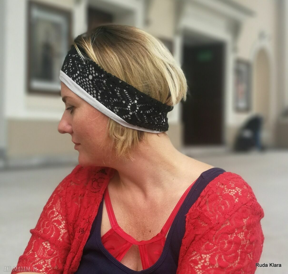 Koronkowa opaska damska Boho Folk - czarna na jasnej podszewce (8 cm), rozmiar uniwersalny