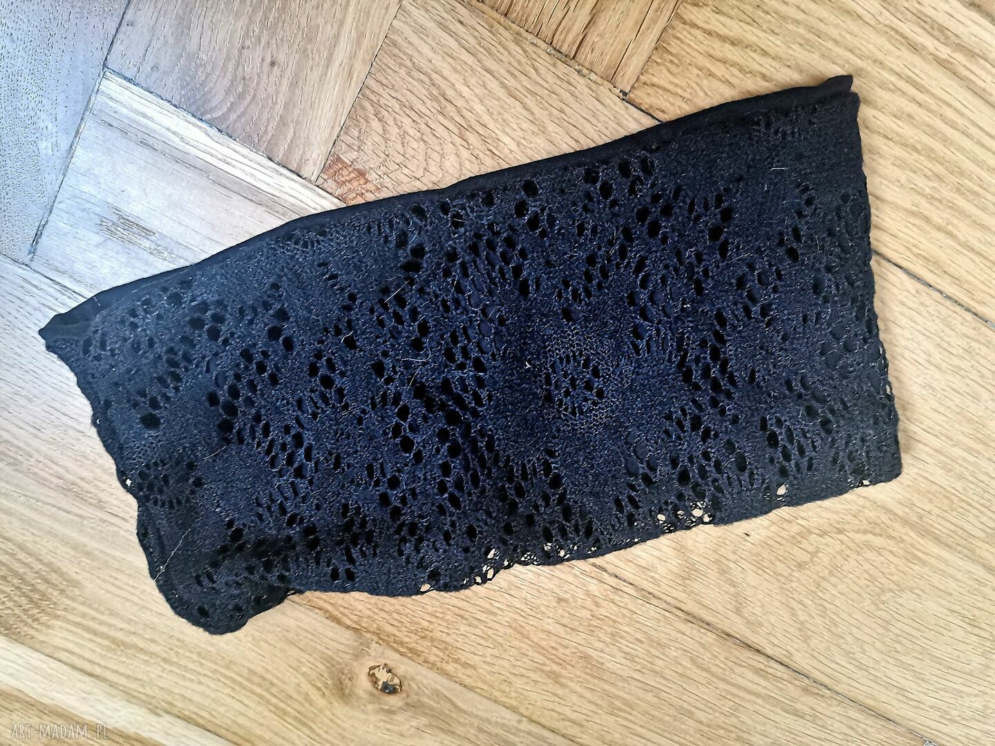 Czarna opaska koronkowa z frędzlami na podszewce - boho folk etno, rozmiar uniwersalny