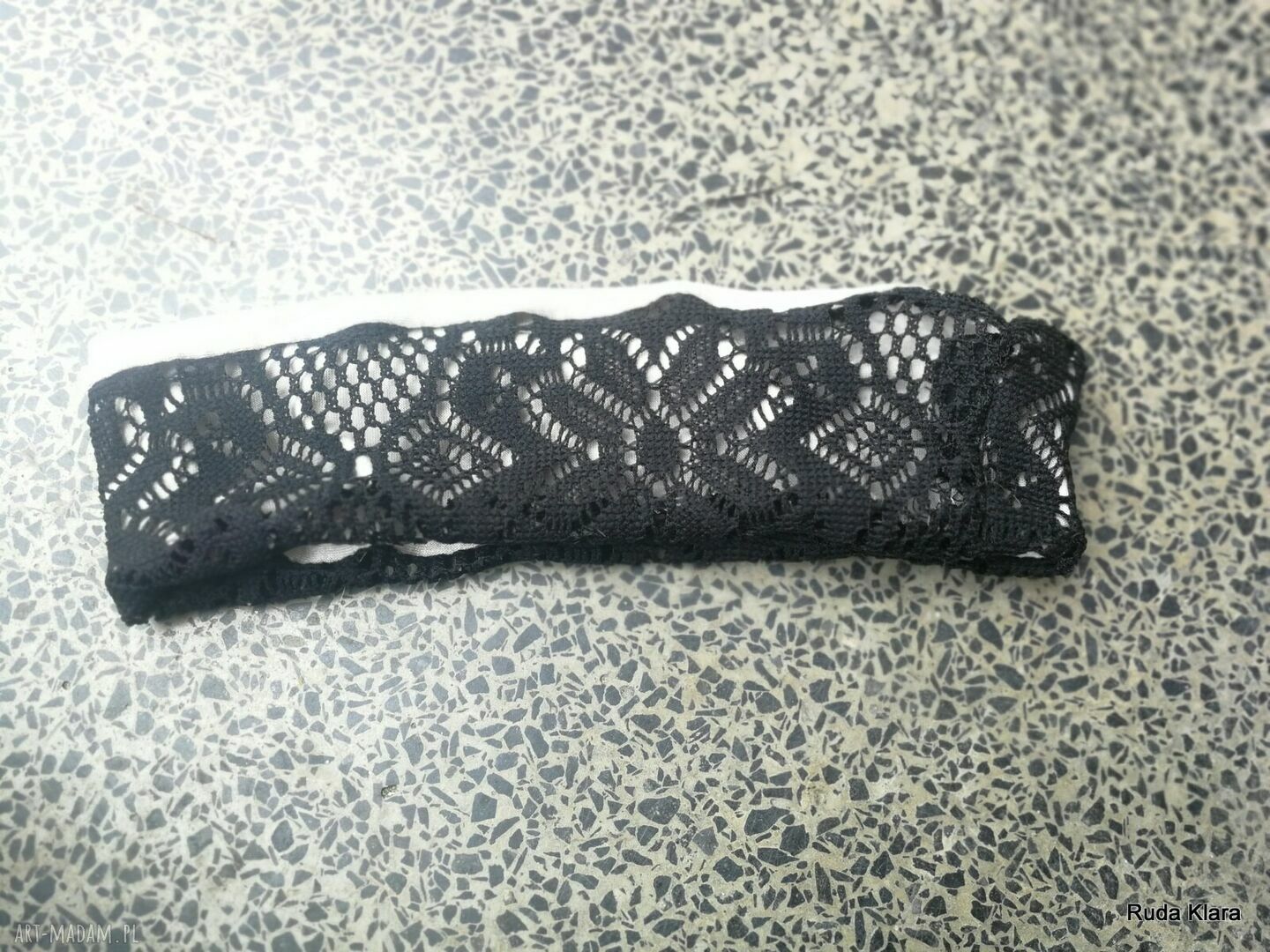 Koronkowa opaska damska Boho Folk - czarna na jasnej podszewce (8 cm), rozmiar uniwersalny