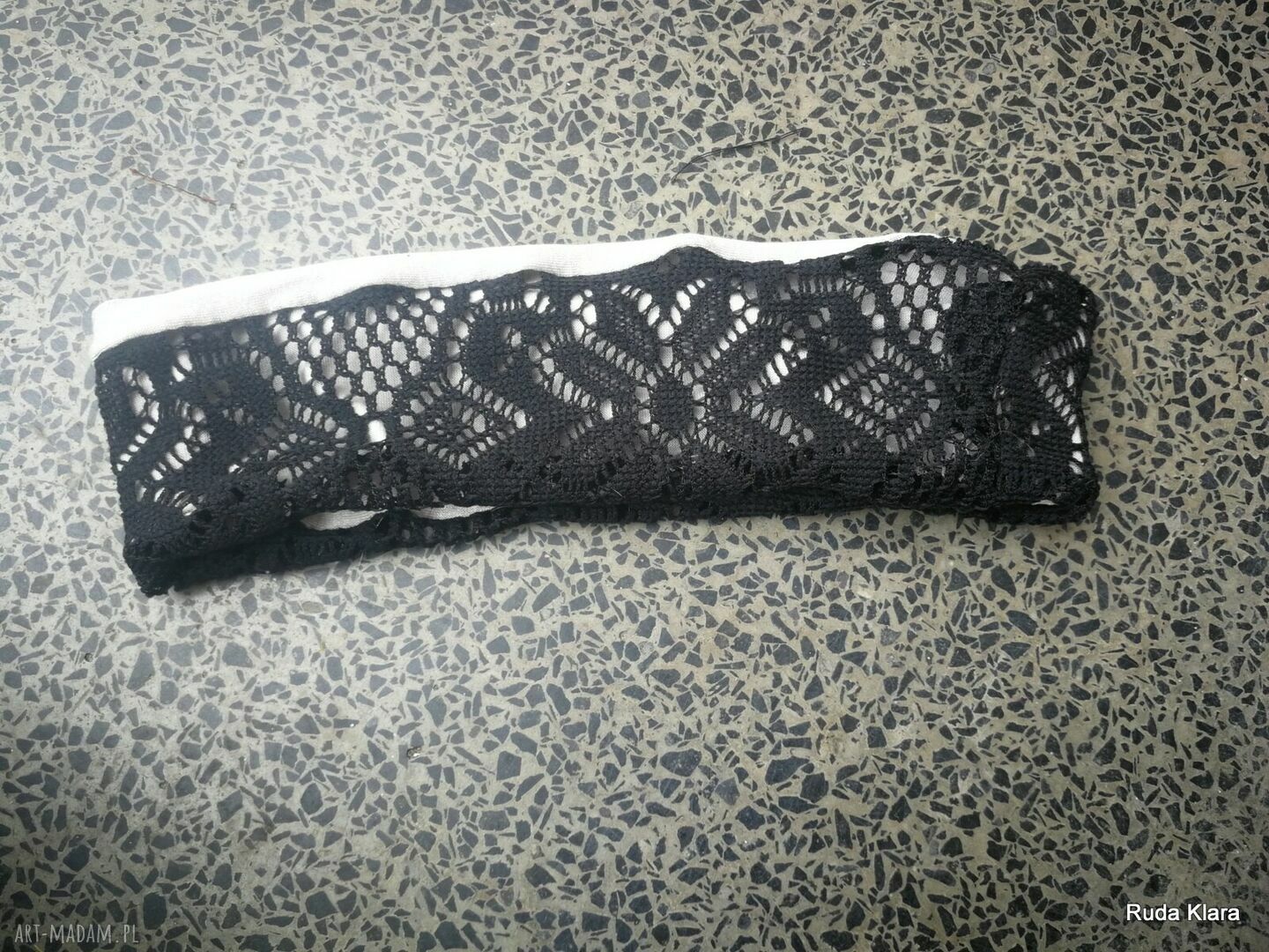 Koronkowa opaska damska Boho Folk - czarna na jasnej podszewce (8 cm), rozmiar uniwersalny