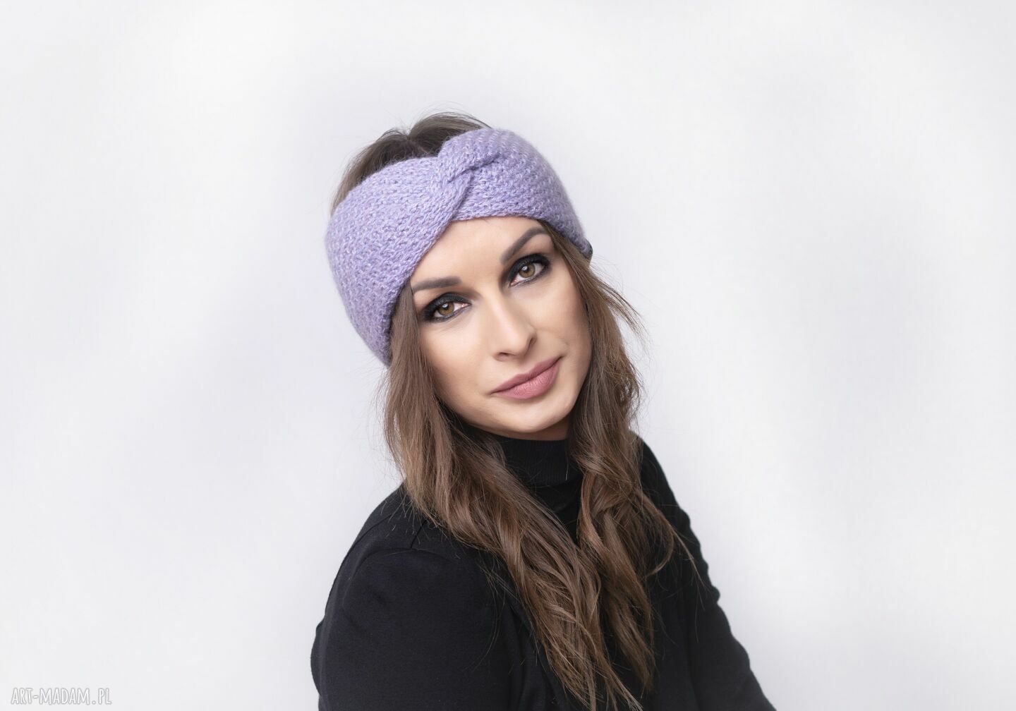 Liliowa opaska z merino i baby alpaki - oversize, ręcznie robiona