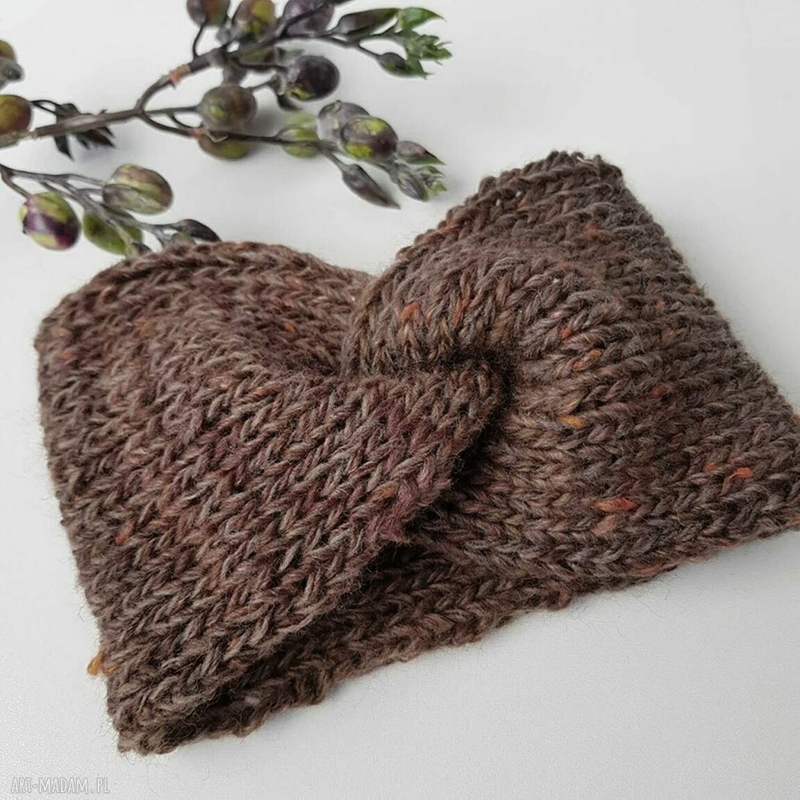 Opaska na głowę orzechowy brąz - szeroka wełniana turban handmade