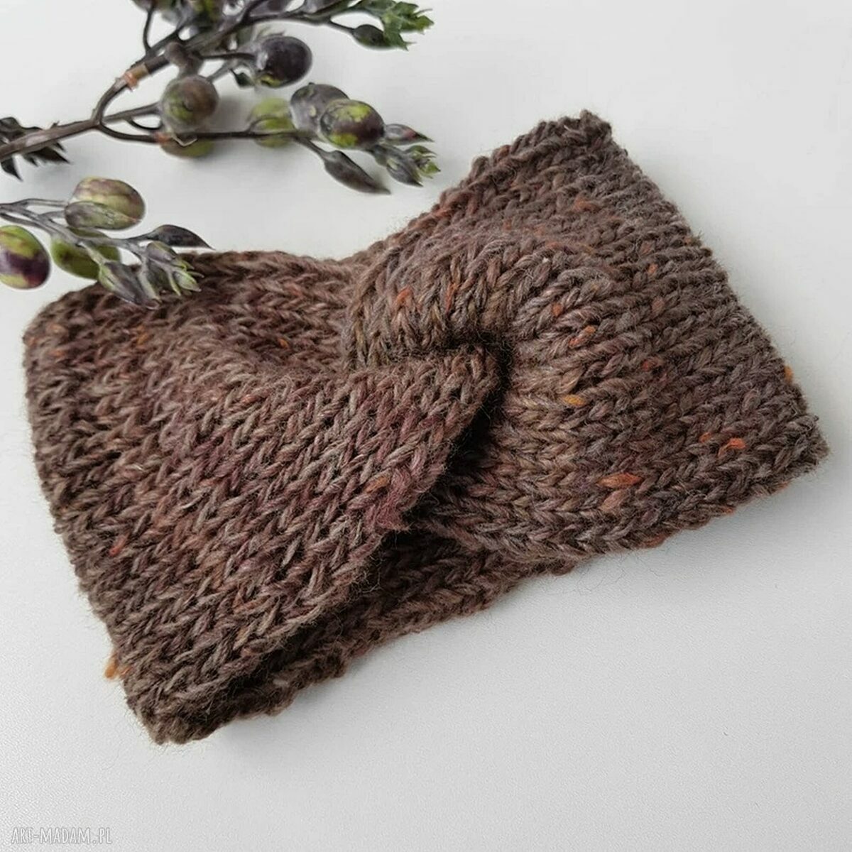 Opaska na głowę orzechowy brąz - szeroka wełniana turban handmade