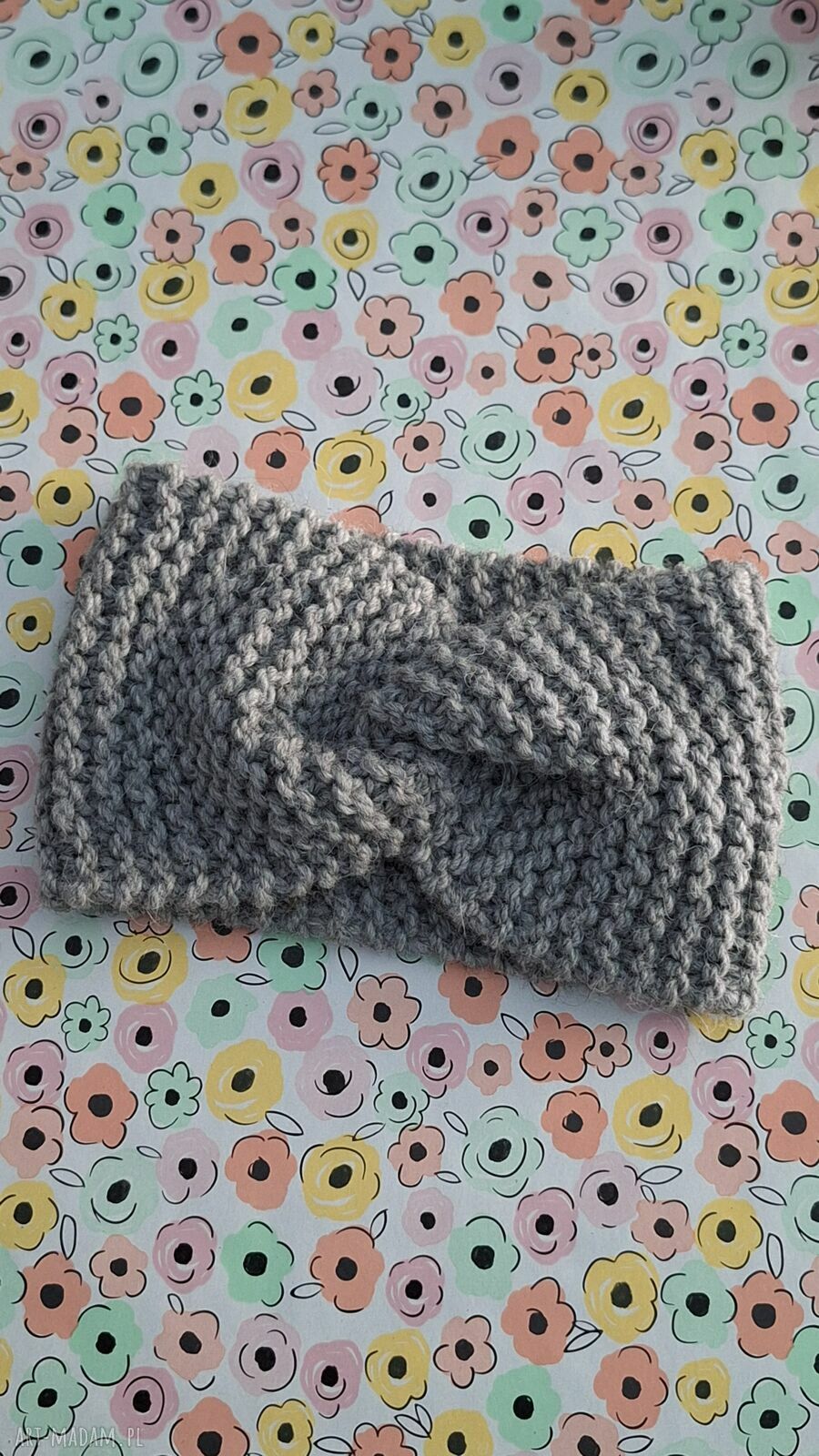 Ręcznie robiona opaska turban twist szaro-turkusowa z wełny i alpaki