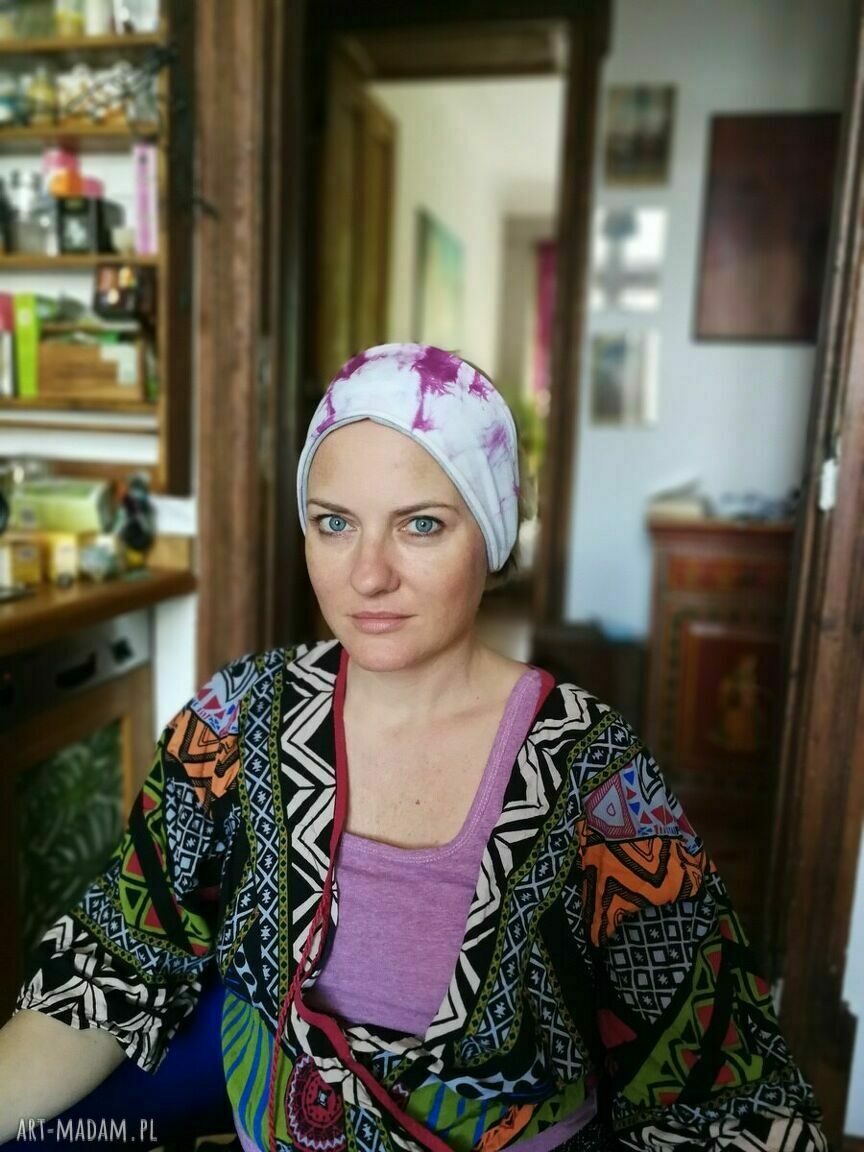 Szeroka opaska boho etno do biegania - ręcznie farbowana na podszewce