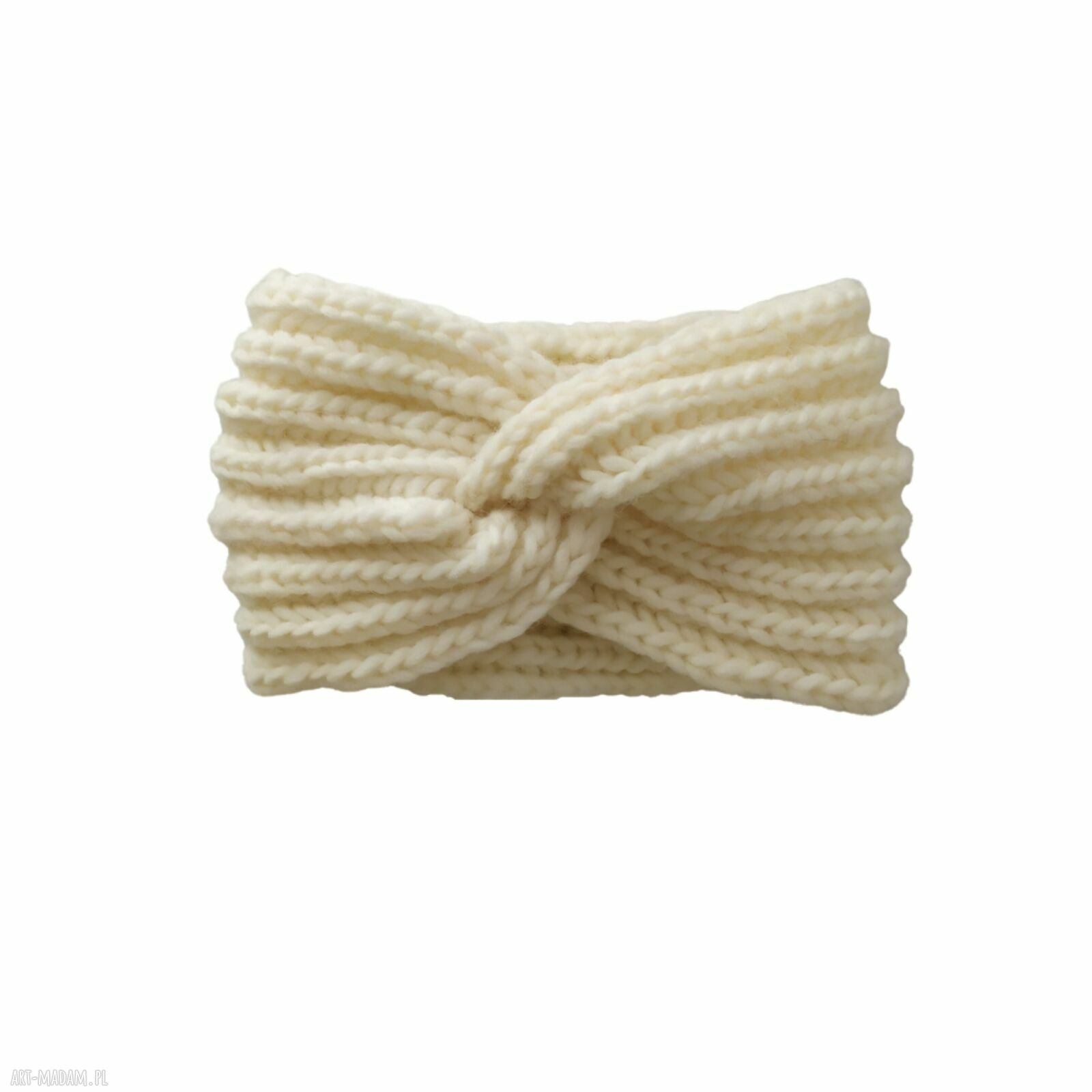 Wełniana opaska turban na głowę handmade w kolorze ecru