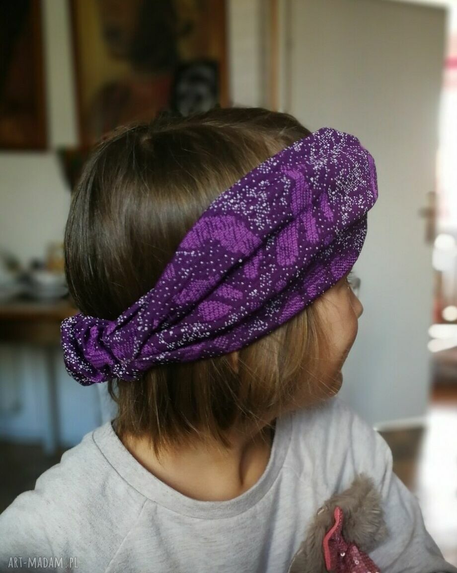 Fioletowa opaska turbanowa dla dziewczynki 5-8 lat - folk etno boho, na gumce