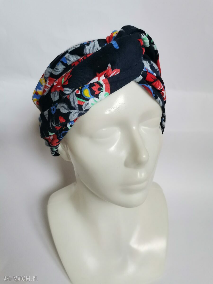 Opaska turbanowa w kolorowe folkowe kwiaty - uniwersalna na gumce