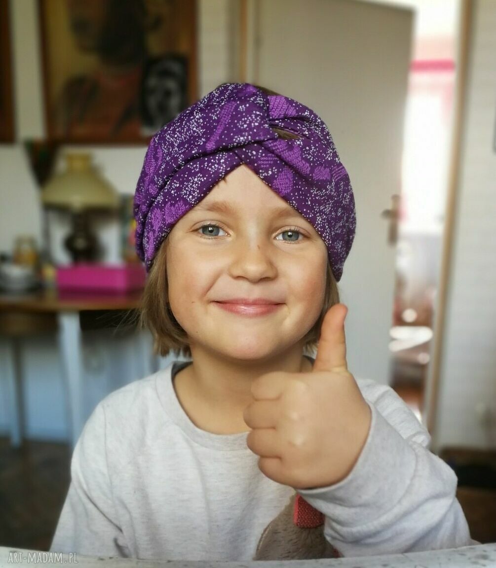 Fioletowa opaska turbanowa dla dziewczynki 5-8 lat - folk etno boho, na gumce