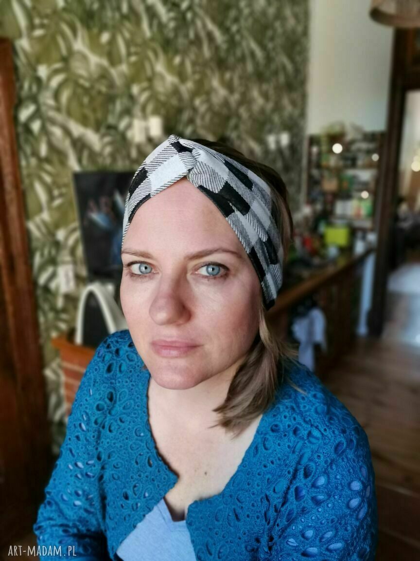 Opaska turbanowa uniwersalna w kratkę Ruda Klara - lekko rozciągliwa dzianina (handmade)