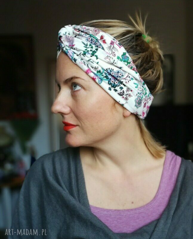 Opaska turbanowa w kwiaty z dzianiny - rozmiar uniwersalny, gumka z tyłu