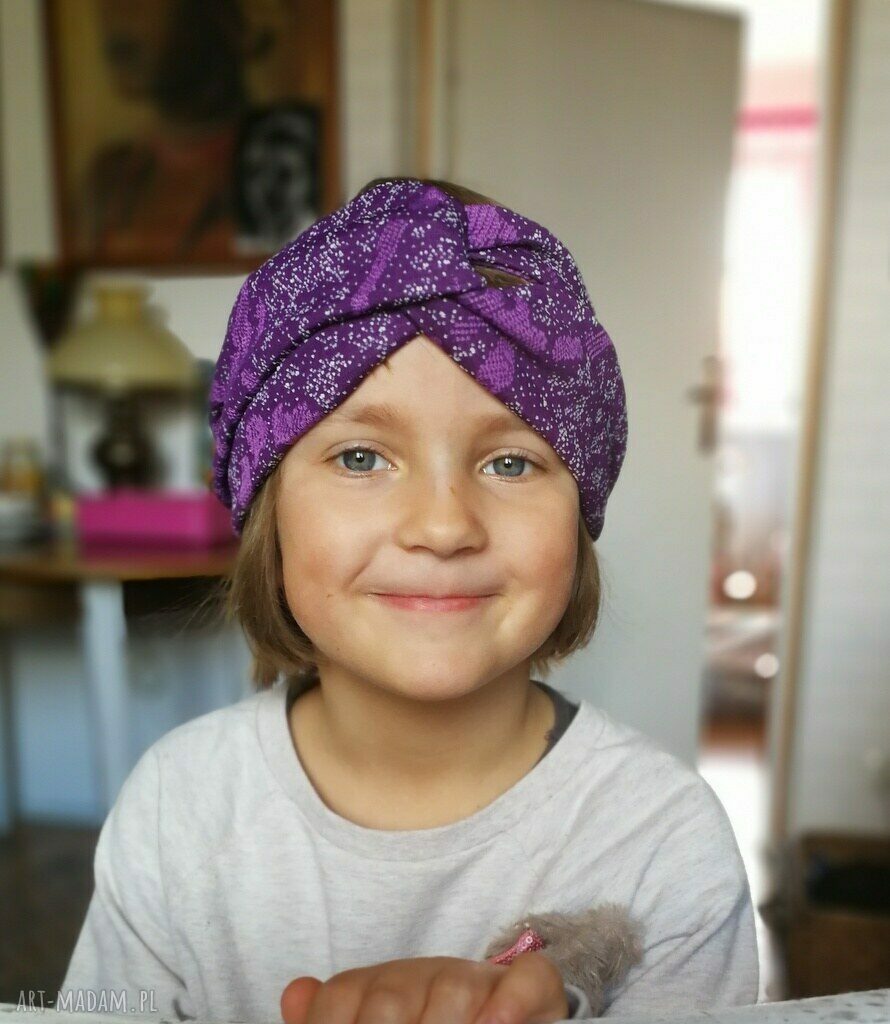 Fioletowa opaska turbanowa dla dziewczynki 5-8 lat - folk etno boho, na gumce