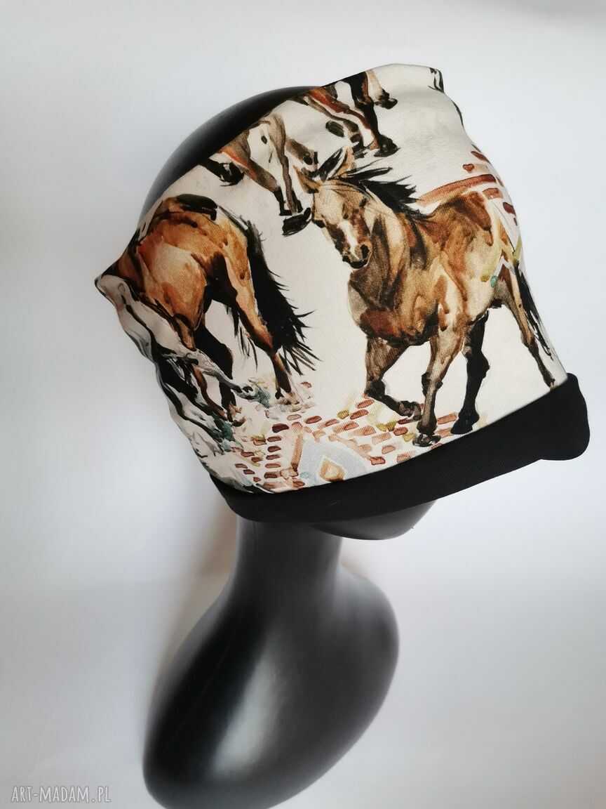 Ciepła opaska w konie na podszewce z dzianiny - handmade