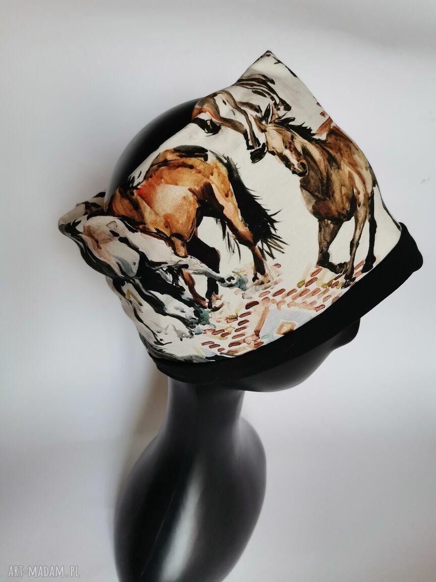 Ciepła opaska w konie na podszewce z dzianiny - handmade