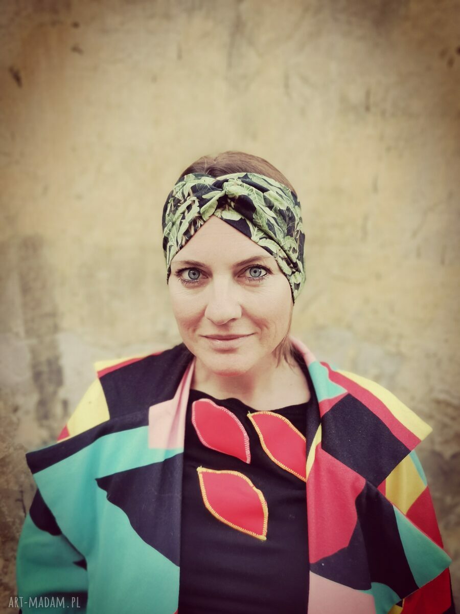 Opaska turban z liśćmi Monstera w stylu boho etno folk