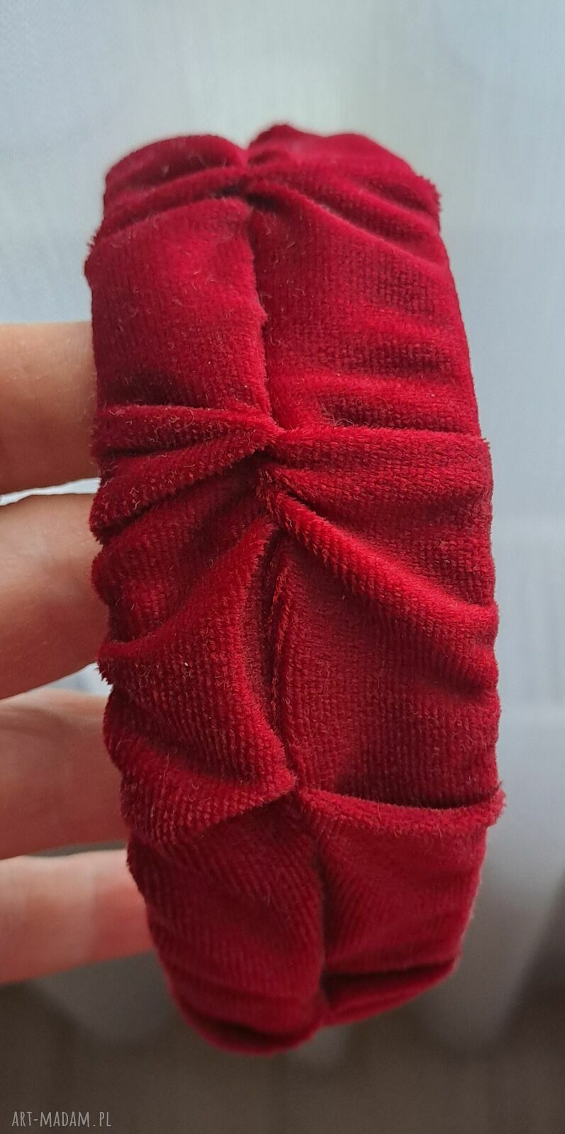 Opaska welur ciemnoczerwona z marszczeniami - ozdoba do włosów handmade
