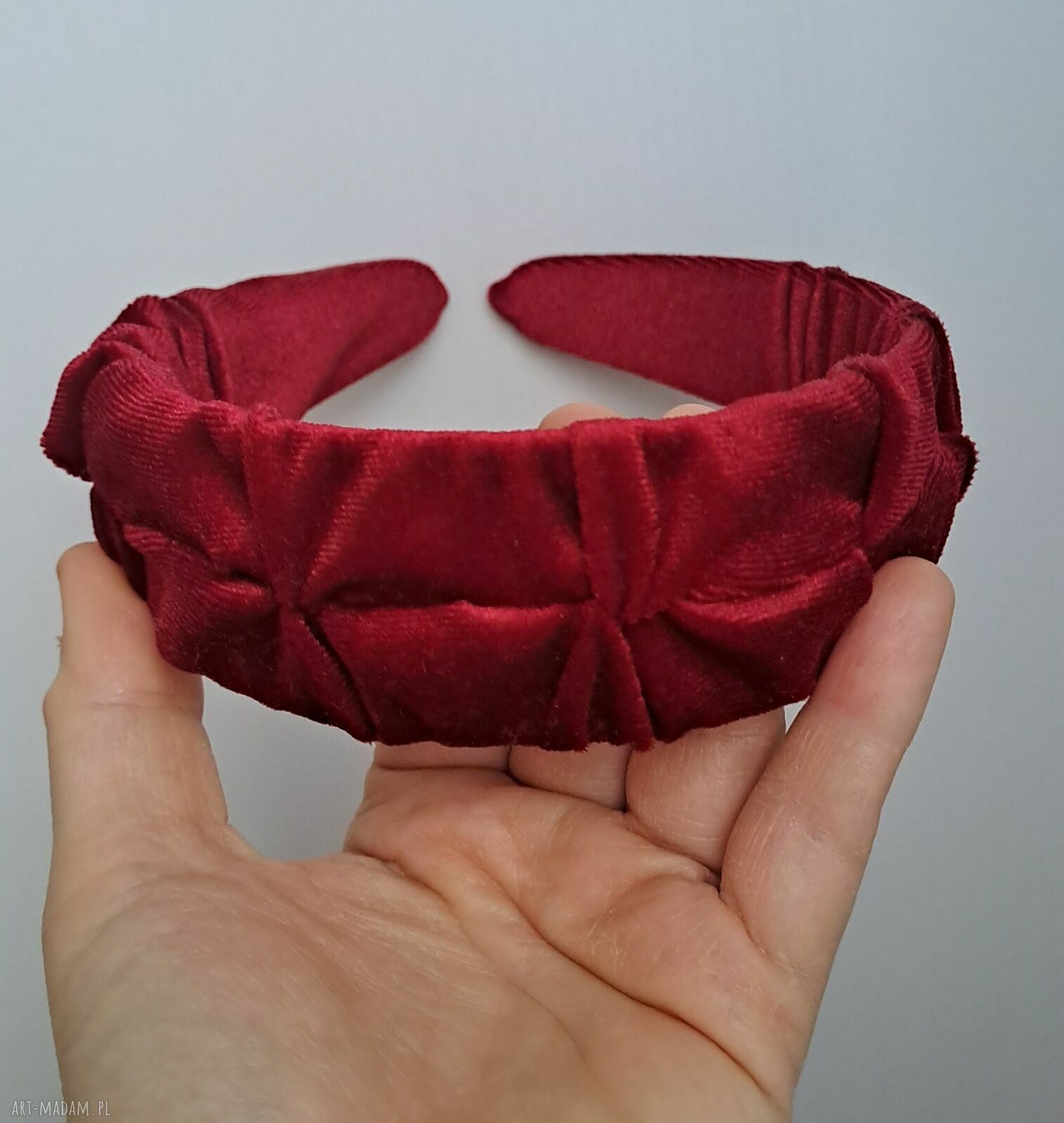 Opaska welur ciemnoczerwona z marszczeniami - ozdoba do włosów handmade