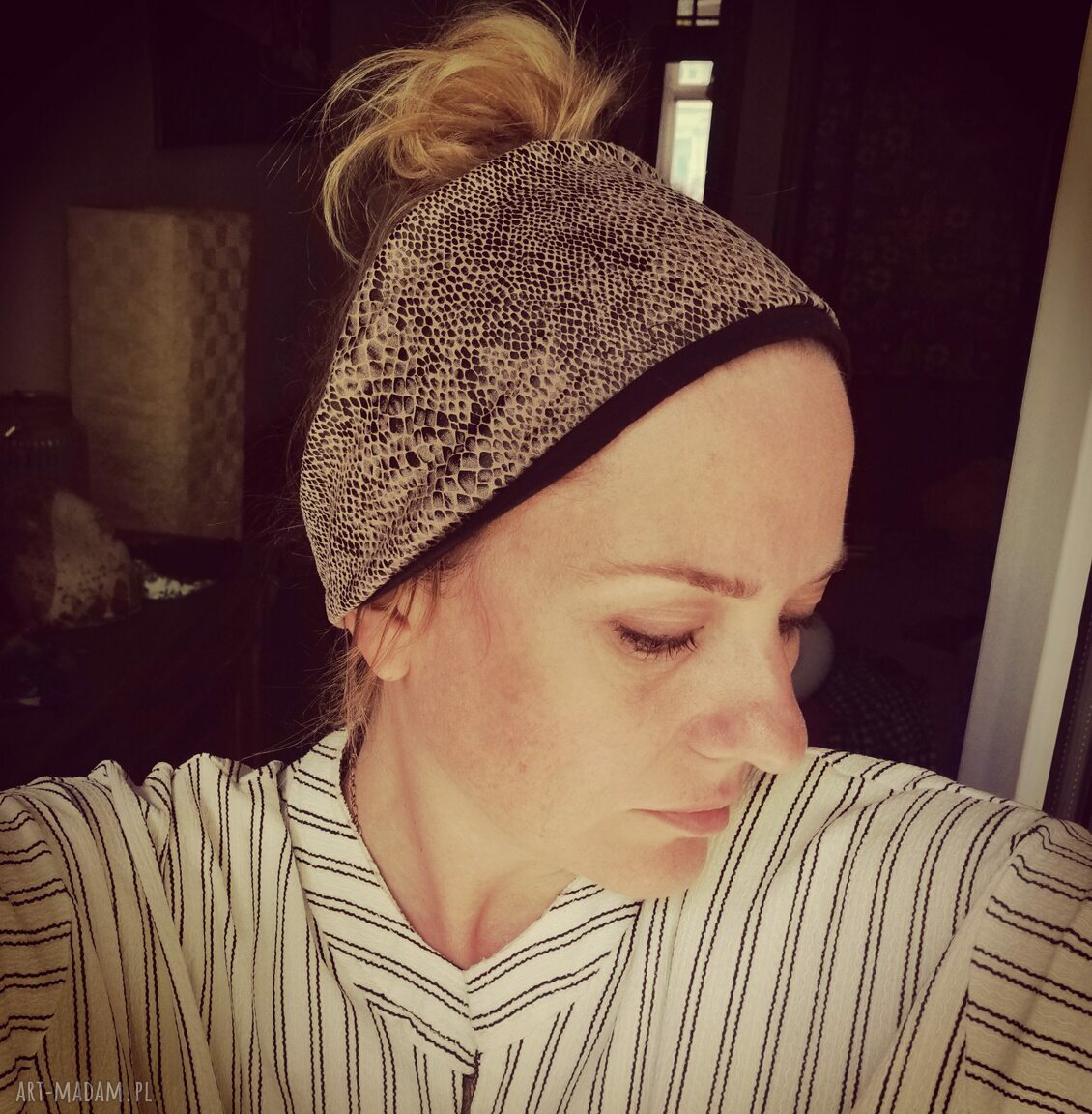 Opaska węzowa na podszewce z gumką - boho beż i brąz