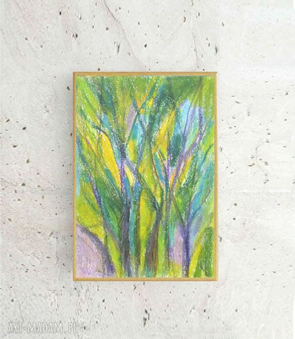 Oprawiony rysunek z drzewami w zieleni - ręcznie wykonany pastel olejny w beżowej ramce