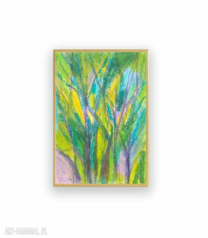 Oprawiony rysunek z drzewami w zieleni - ręcznie wykonany pastel olejny w beżowej ramce