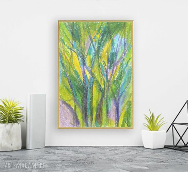Oprawiony rysunek z drzewami w zieleni - ręcznie wykonany pastel olejny w beżowej ramce