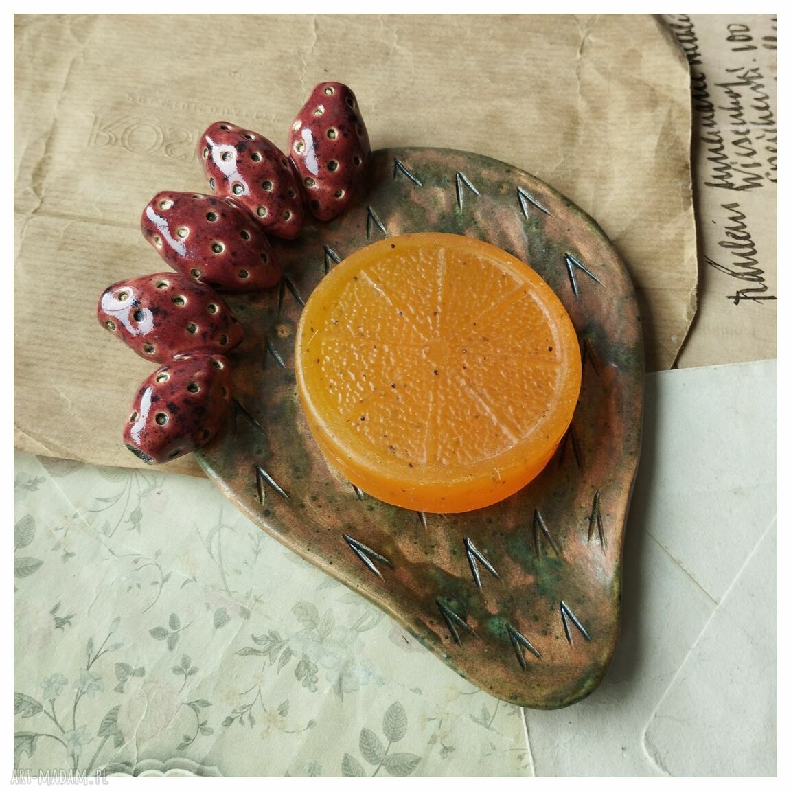 Opuncja figowa - mydelniczka i podstawek z ceramiki handmade