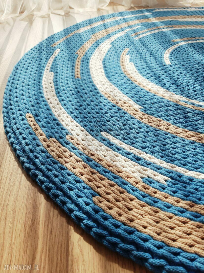 Okrągły dywanik w kolorach plaży - ręcznie pleciony ze sznurka bawełnianego 88 cm