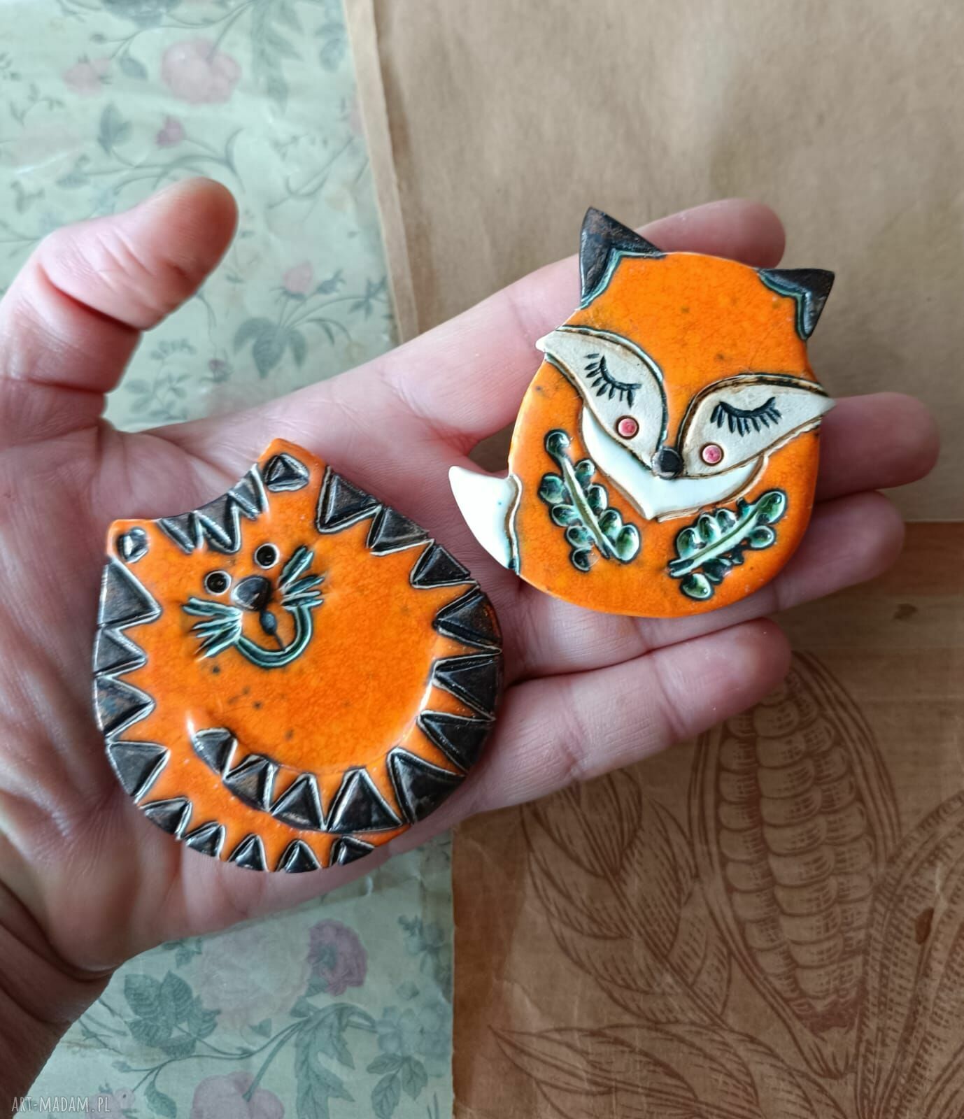 Oranżowy kot i lis - magnesy ceramiczne handmade