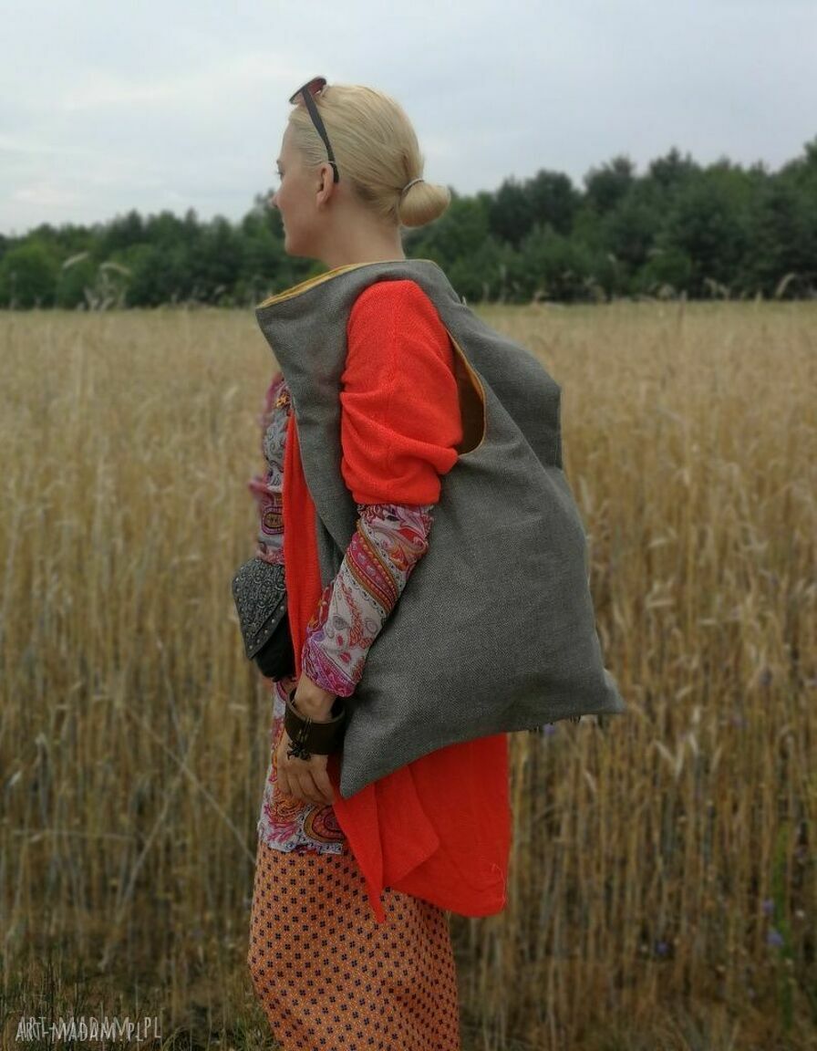 Duża torba boho etno na ramię 65x45 - szara z żółtą podszewką